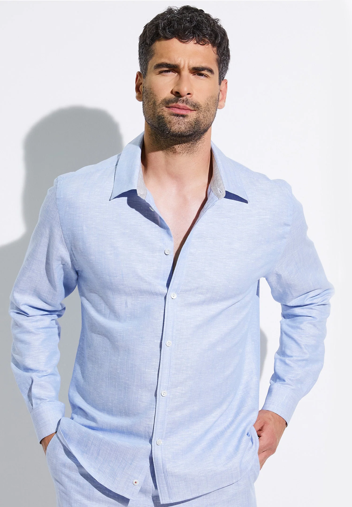 Linen Blend | Durchgeknöpftes Shirt langarm - light blue - Image 5