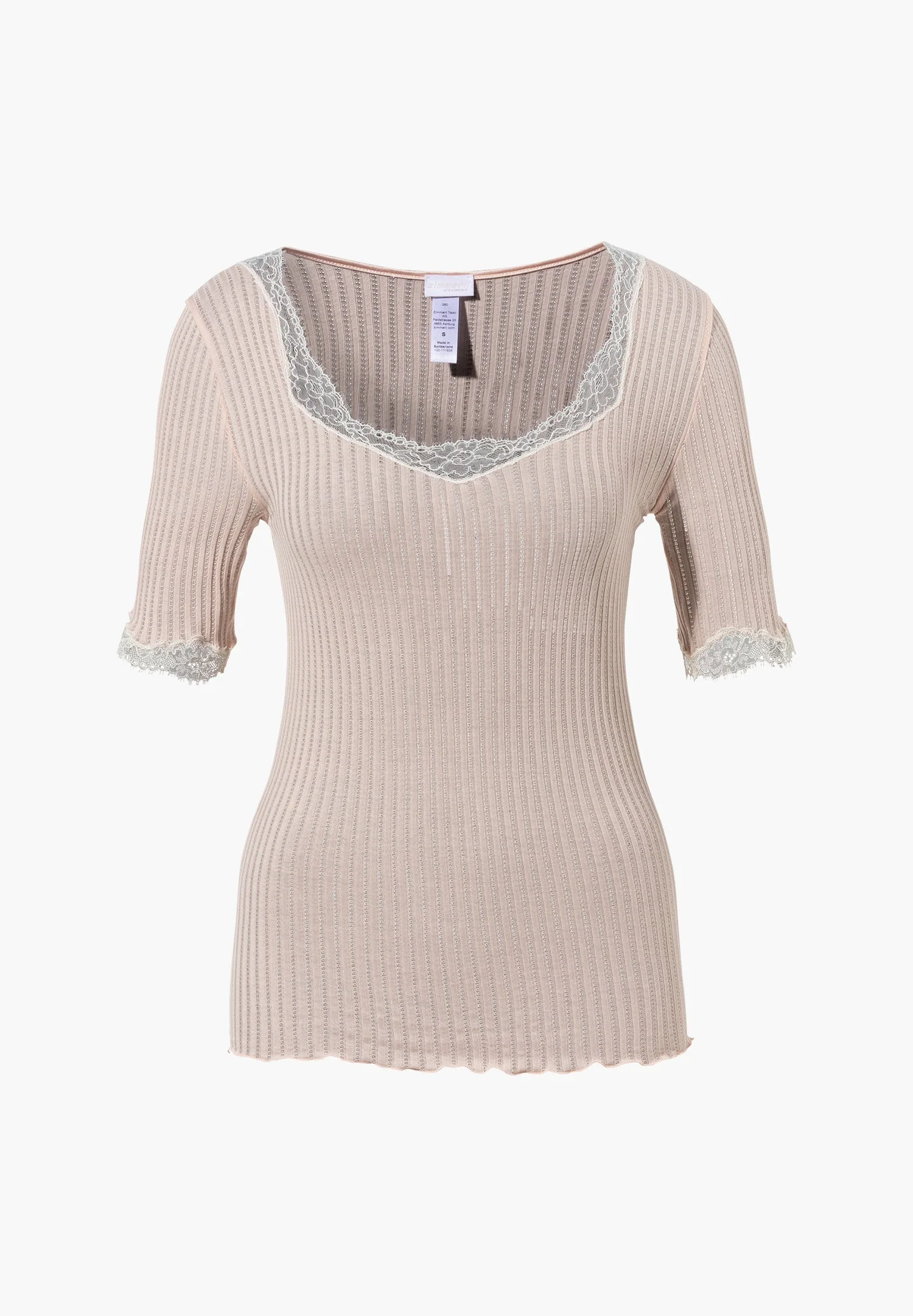 Maude Privé | T-Shirt kurzarm aus Ajouré-Rippe mit Spitze aus Calais - blush - Image 2