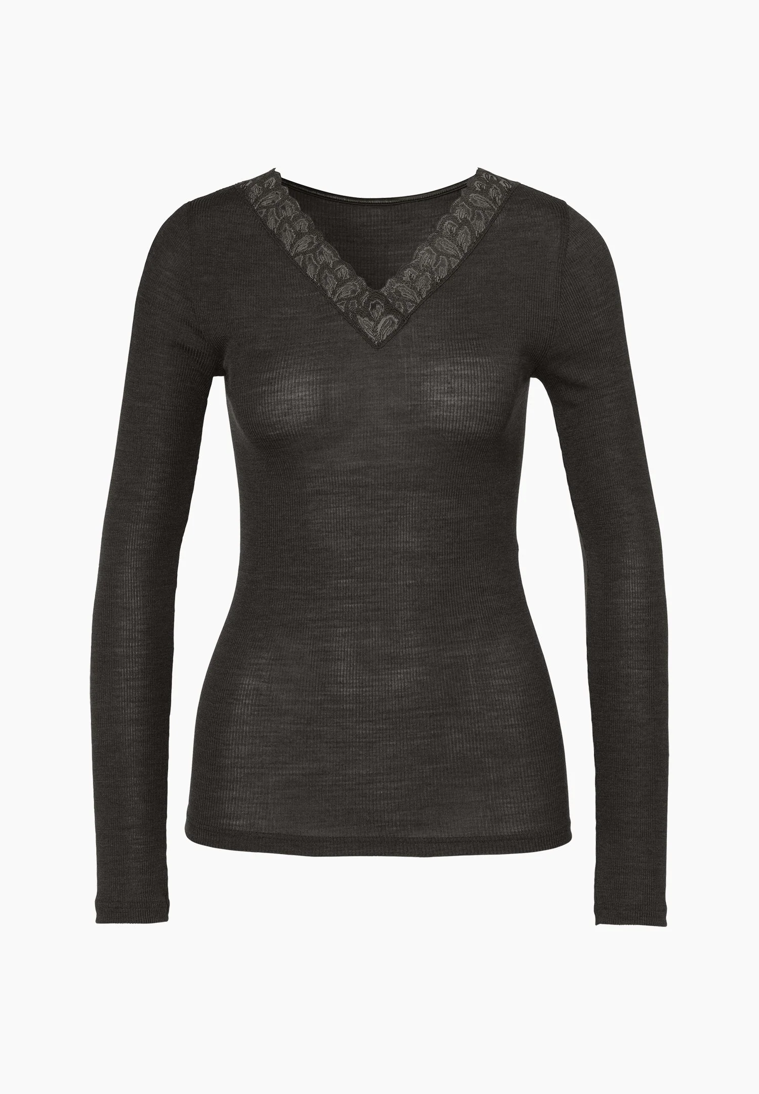 Wool & Silk | T-Shirt langarm V-Ausschnitt - black olive - Image 2